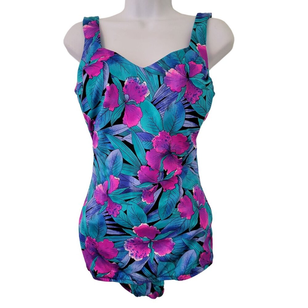 Maxine Hollywood Vintage 12 Bathing Suit 1 Pc Swim Tropical Blue Pink Floral Tan